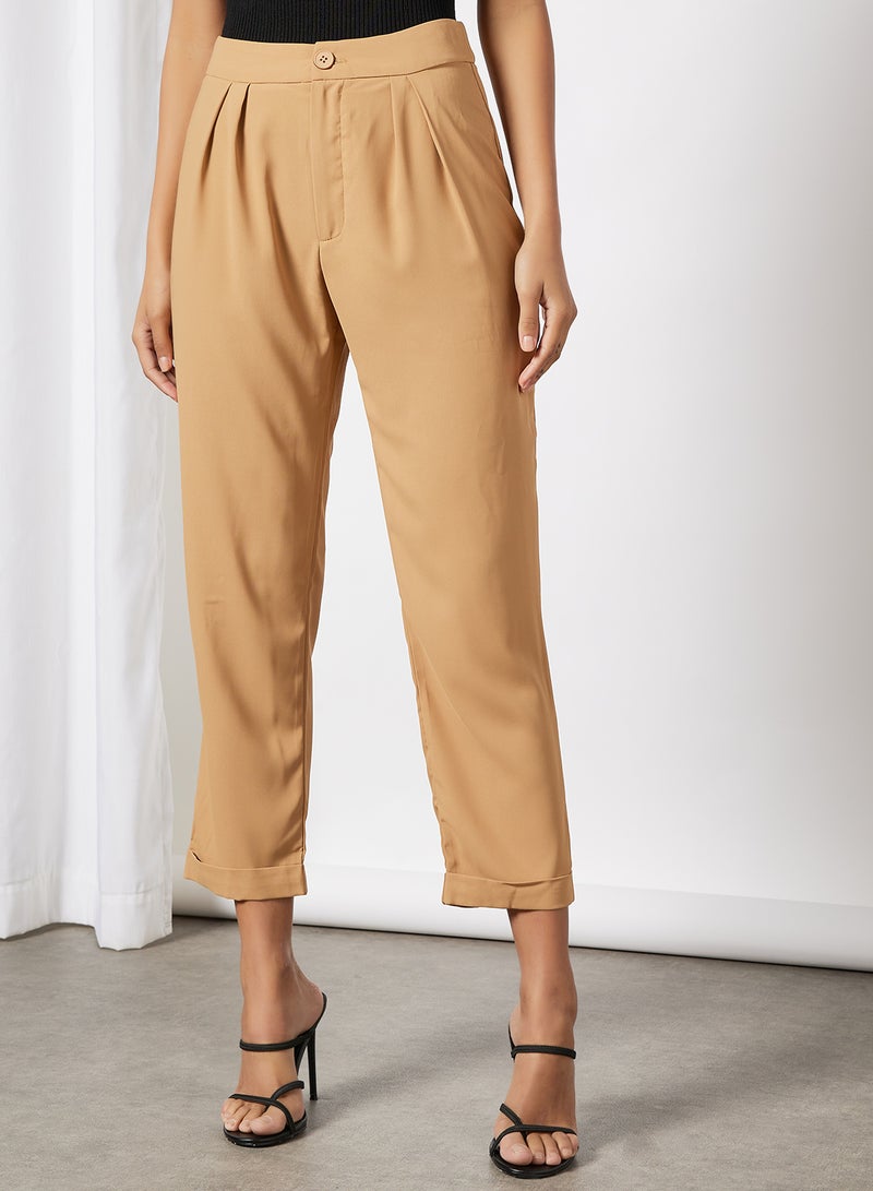 Aila - Women High Waist Solid Double Hem Slight Pants Brown - Image 1