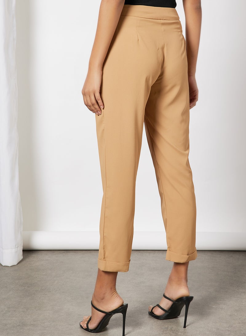 Aila - Women High Waist Solid Double Hem Slight Pants Brown - Image 1