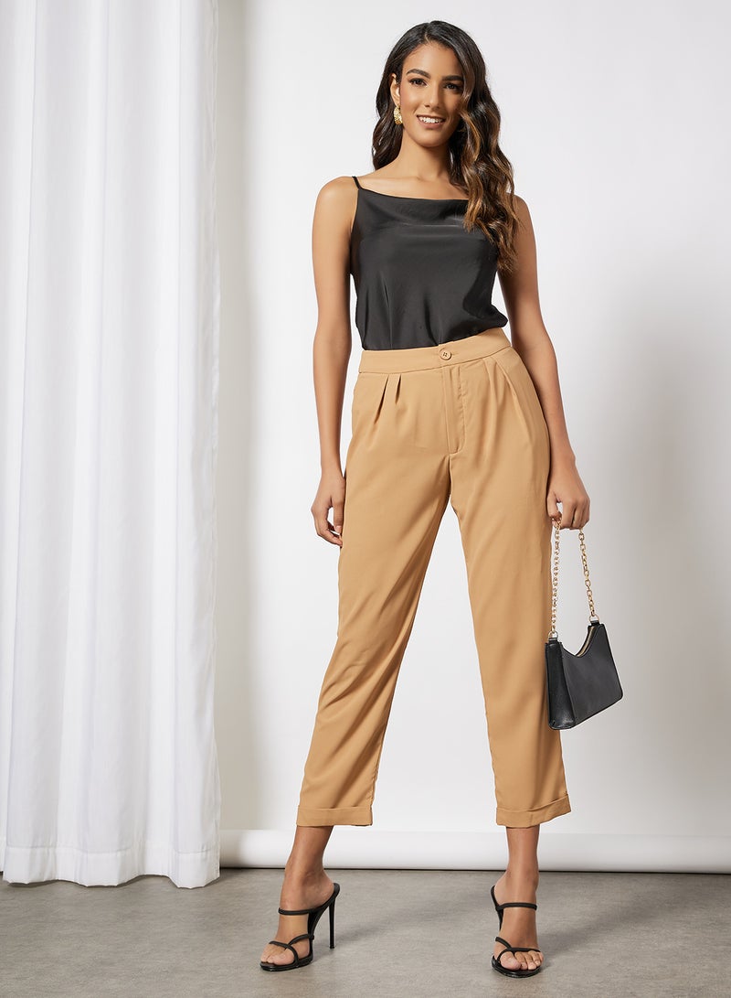 Aila - Women High Waist Solid Double Hem Slight Pants Brown - Image 1