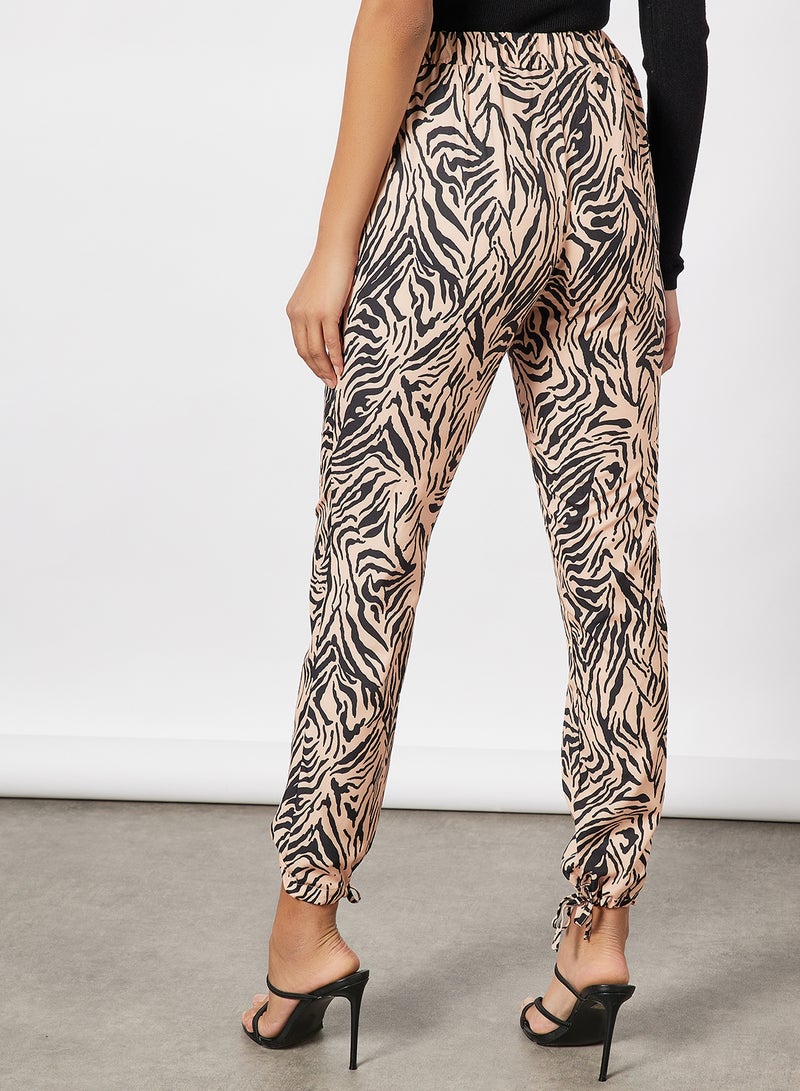 Women All Over Print Bodycon Bowknot Bottom Hem Pant Brown - v1642063512/N48510481V_2