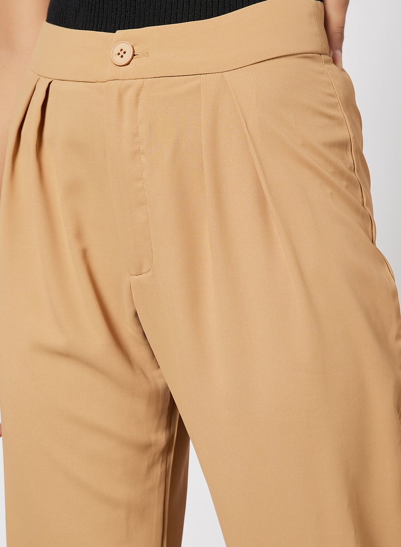 Aila - Women High Waist Solid Double Hem Slight Pants Brown - Image 1