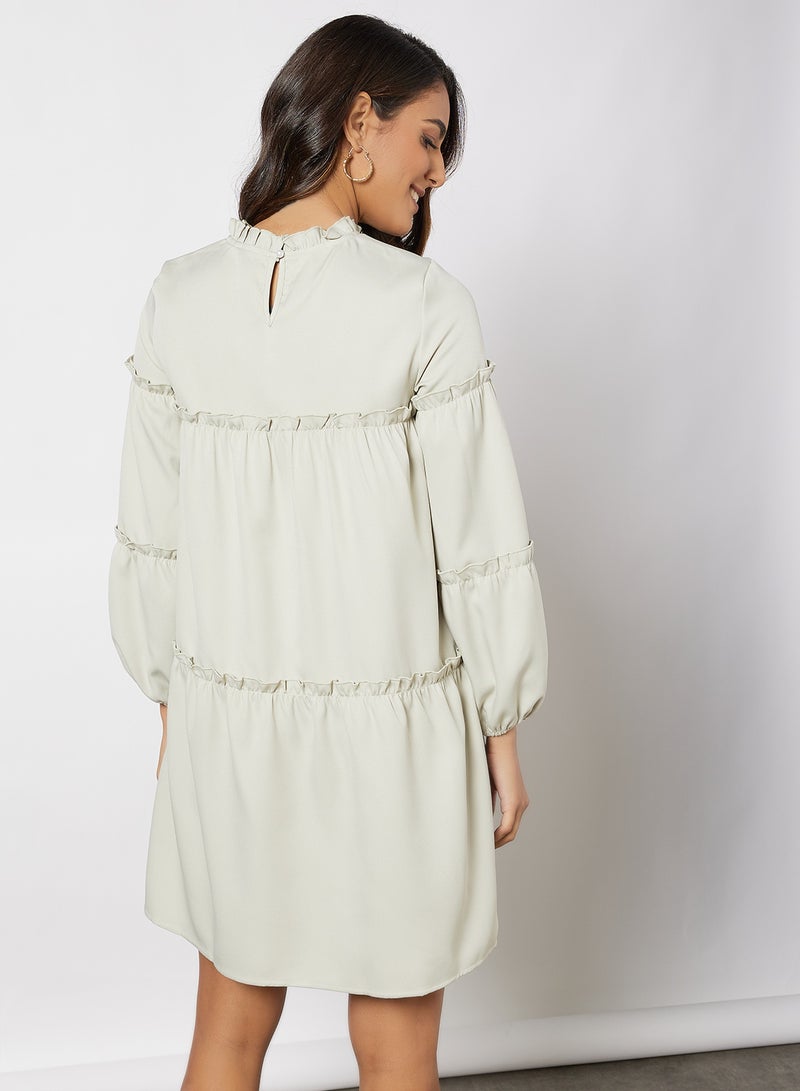 Aila - Casual Long Sleeve Mini Relaxed Ruffle Tiered Dress With Ruffle Neck Light Mint - Image 1