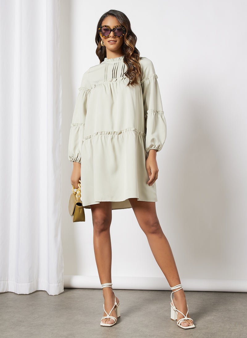 Aila - Casual Long Sleeve Mini Relaxed Ruffle Tiered Dress With Ruffle Neck Light Mint - Image 1