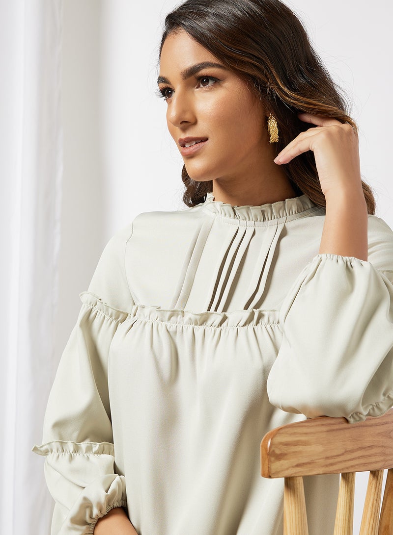 Aila - Casual Long Sleeve Mini Relaxed Ruffle Tiered Dress With Ruffle Neck Light Mint - Image 1