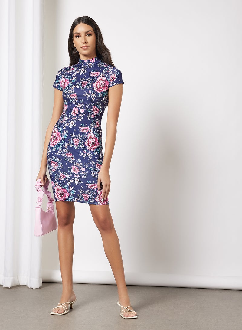 Casual Mandarin Collar Short Sleeve Floral Bodycon Dress Navy Floral