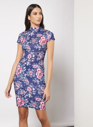 Casual Mandarin Collar Short Sleeve Floral Bodycon Dress Navy Floral - v1642150558/N49727529V_1