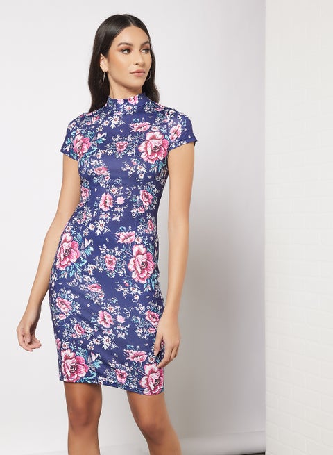Casual Mandarin Collar Short Sleeve Floral Bodycon Dress Navy Floral