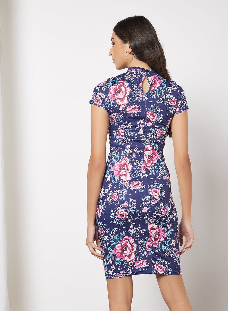 Casual Mandarin Collar Short Sleeve Floral Bodycon Dress Navy Floral