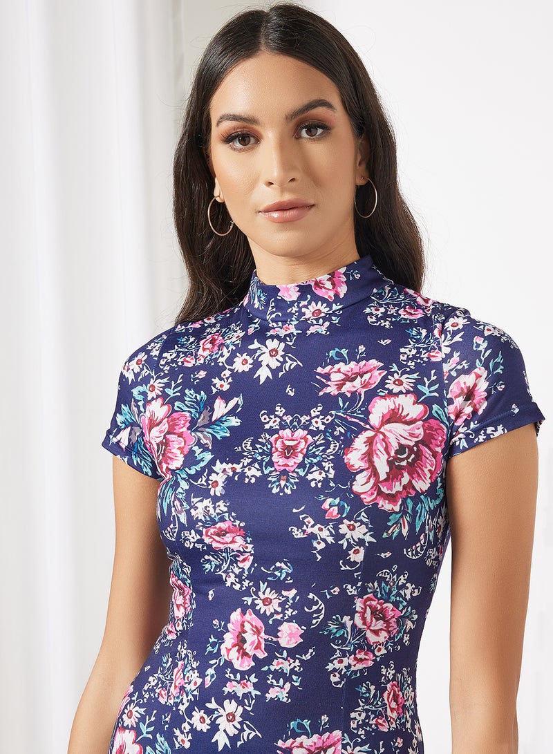 Casual Mandarin Collar Short Sleeve Floral Bodycon Dress Navy Floral