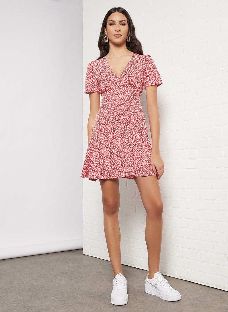 Aila - Casual V-Neck Short Sleeve Printed A-Line Ruffle Hem Mini Dress Red - Image 1