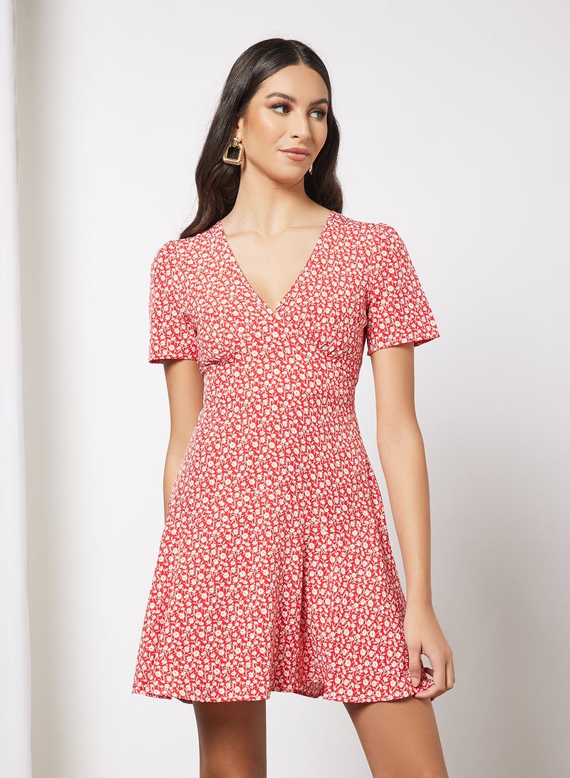 Aila - Casual V-Neck Short Sleeve Printed A-Line Ruffle Hem Mini Dress Red - Image 1