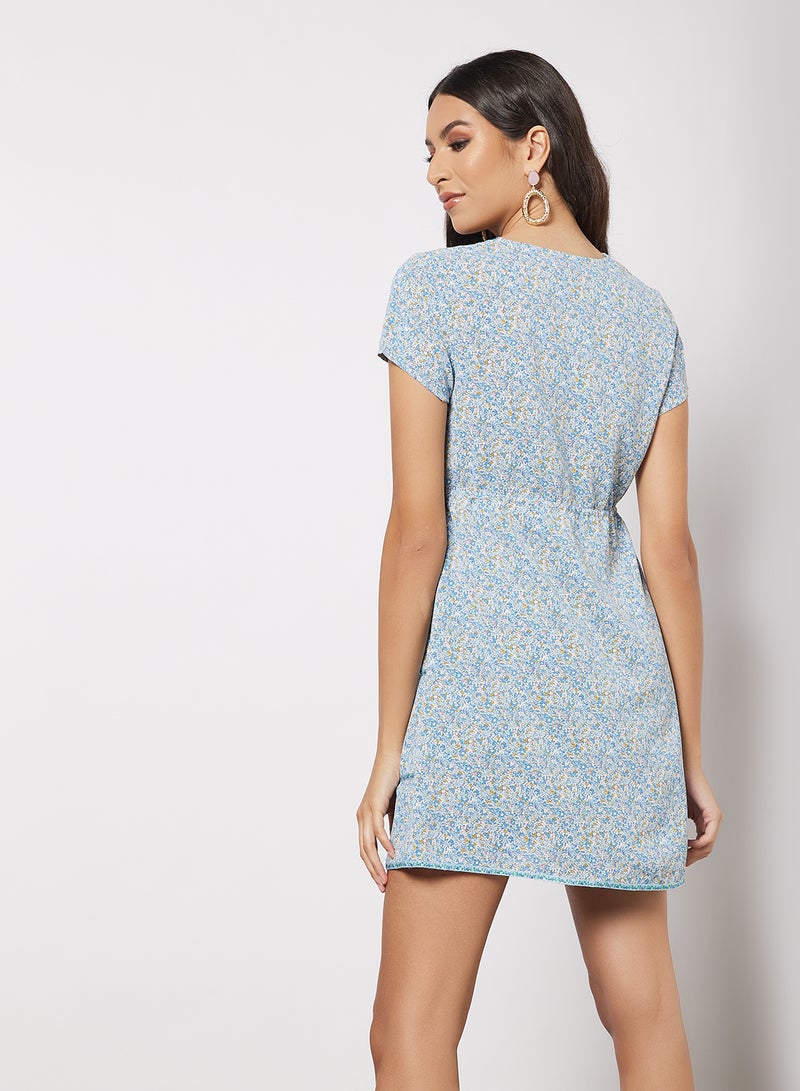 Aila - Casual Waist Tie Detail V-Neck Short Sleeve Printed Mini Dress 3 Blue Print - Image 1