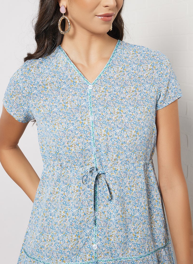 Aila - Casual Waist Tie Detail V-Neck Short Sleeve Printed Mini Dress 3 Blue Print - Image 1