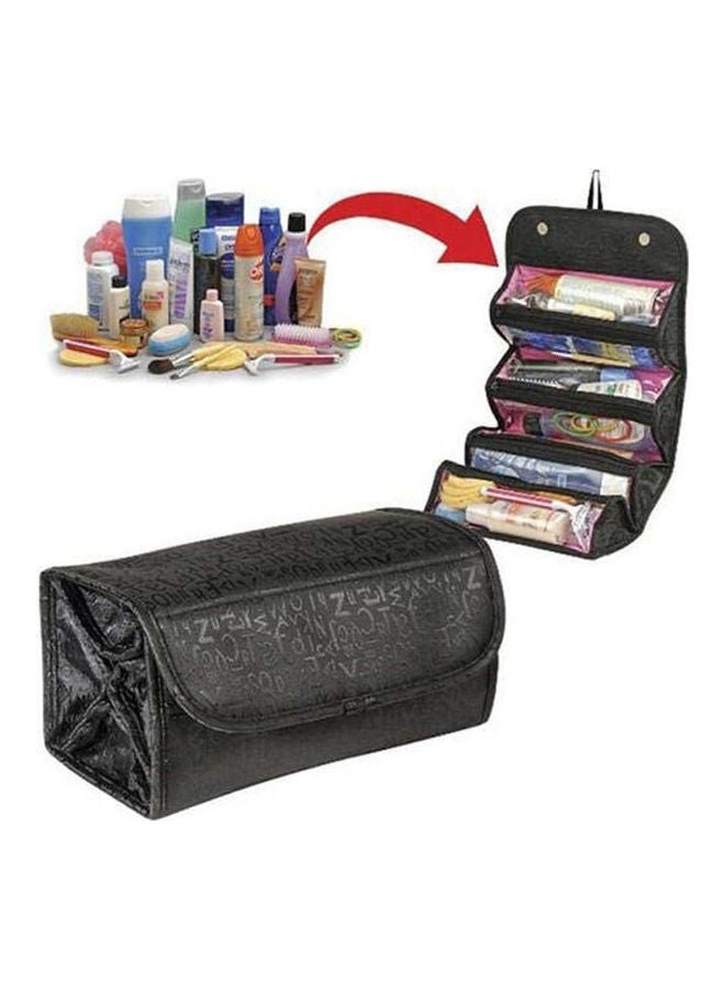 حقيبة كبيرة محمولة باليد للسيدات مناسبة لتخزين وتنظيم مستحضرات التجميل وأدوات العناية الشخصية بتصميم مناسب للسفر أسود