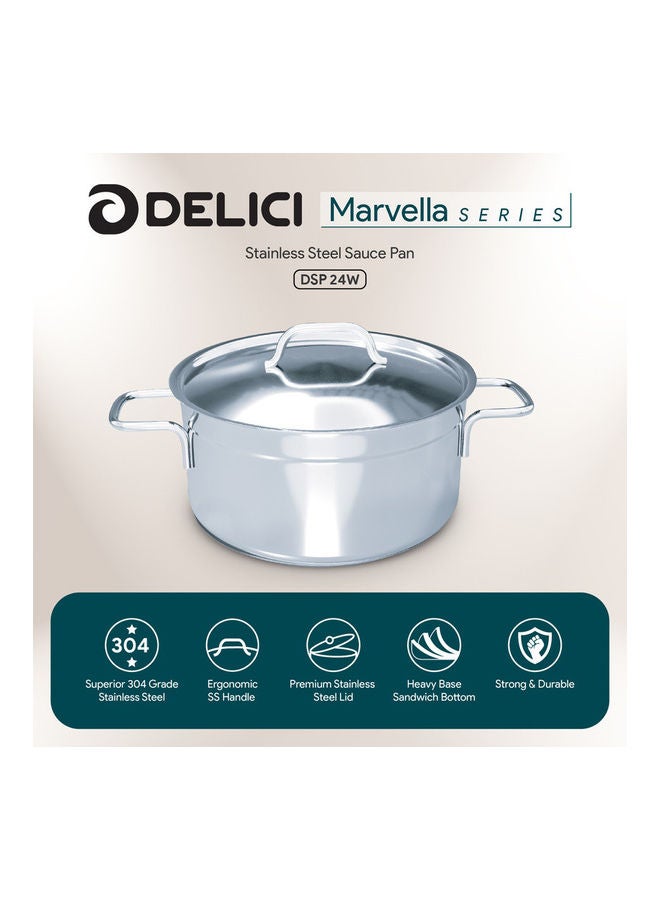 DELICI Stainless Steel Sauce Pan 24cm (DSP 24W), Well Polished Exterior, Non-Stick Interior, Oven Safe, Dishwasher Safe, 304 Grade, Ergonomic Handle, Premium Lid, Heavy Base Sandwich Bottom, Strong & Durable Silver 24cmcm  - Image 2