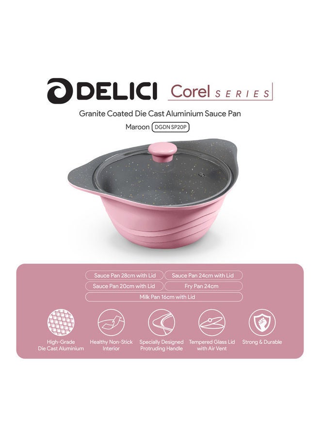 Sauce Pan With Tempered Air Vent Glass Lid Pink 20cm