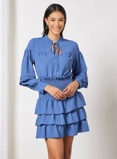 Casual Polyester Long Sleeve Mini Dress With Mandarin Notch Tie Neck 78 Navy