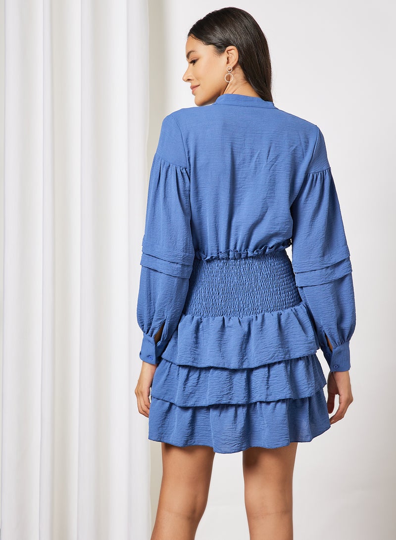 Aila - Casual Polyester Long Sleeve Mini Dress With Mandarin Notch Tie Neck 78 Navy - Image 1