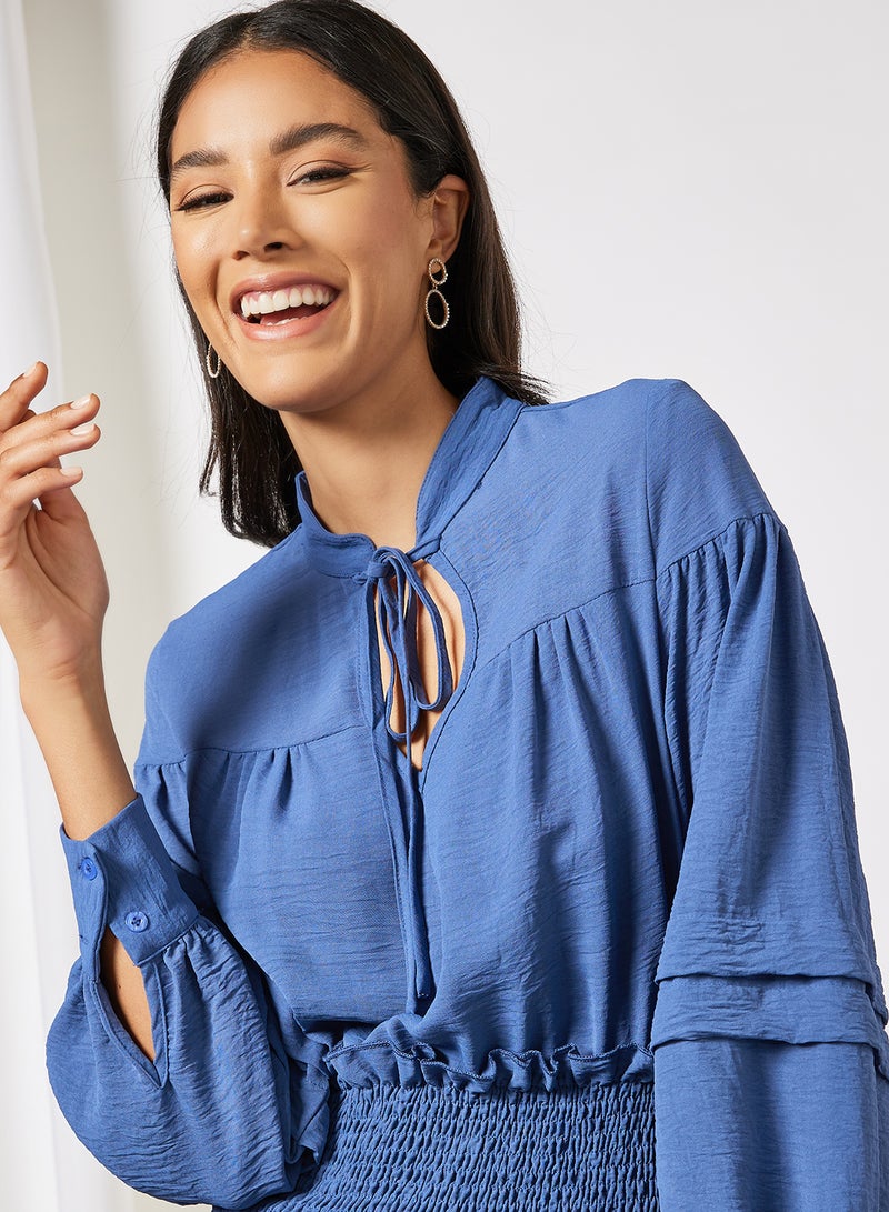 Aila - Casual Polyester Long Sleeve Mini Dress With Mandarin Notch Tie Neck 78 Navy - Image 1