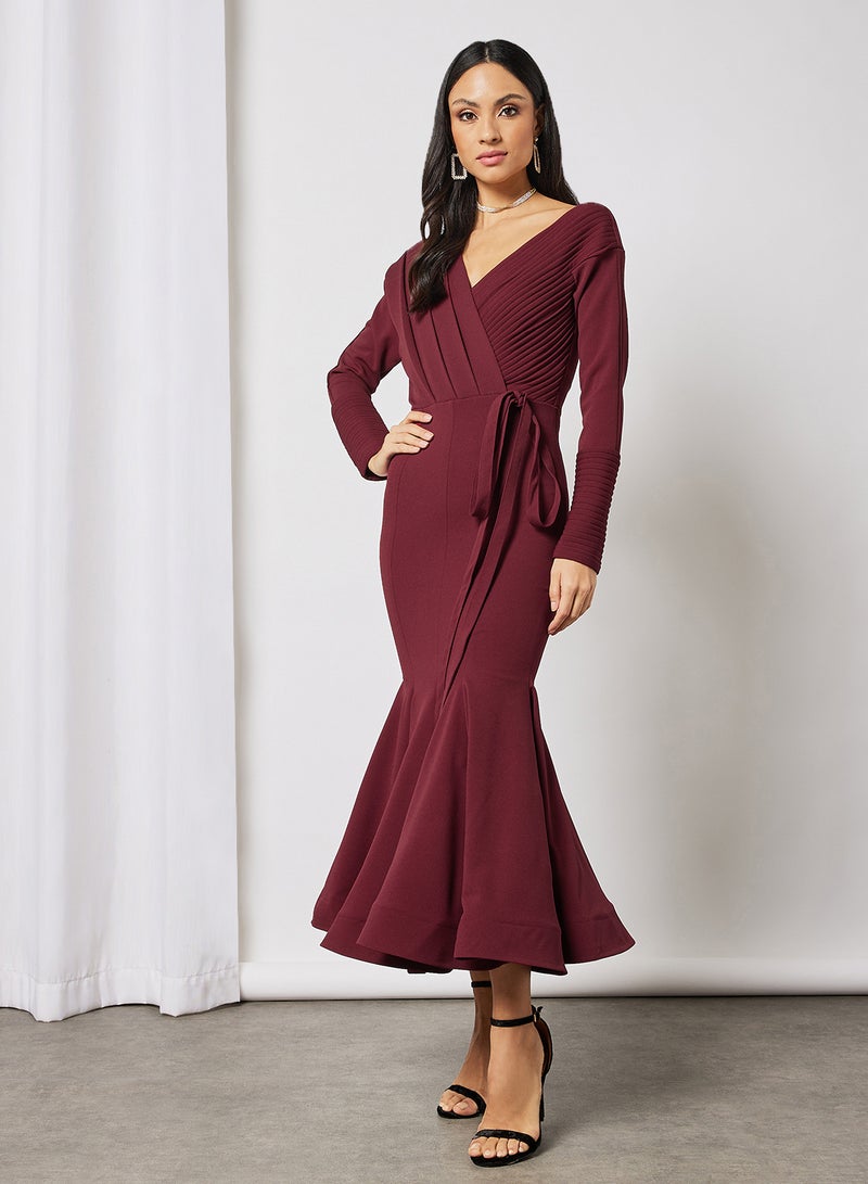 Threadz by Ajooni Pleated Peplum Hem Dress Wine  - Image 1