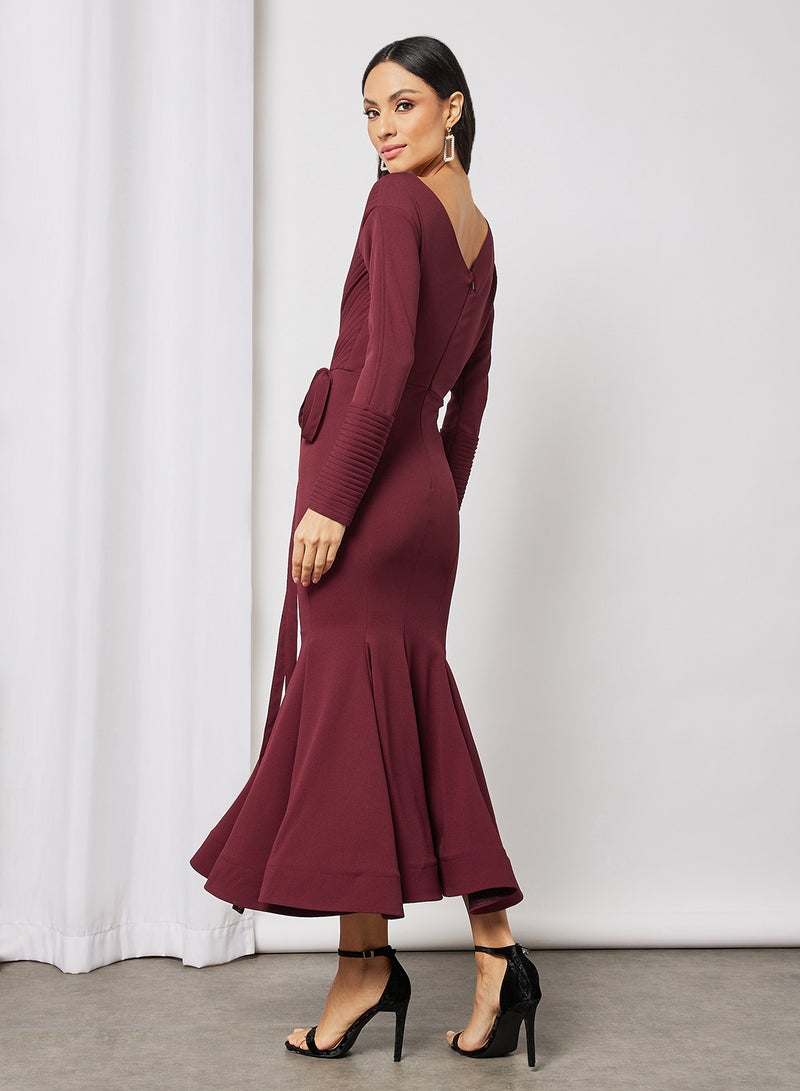 Threadz by Ajooni Pleated Peplum Hem Dress Wine  - Image 2