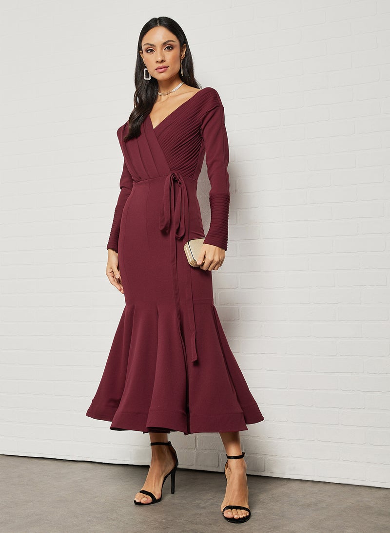 Threadz by Ajooni Pleated Peplum Hem Dress Wine  - Image 3