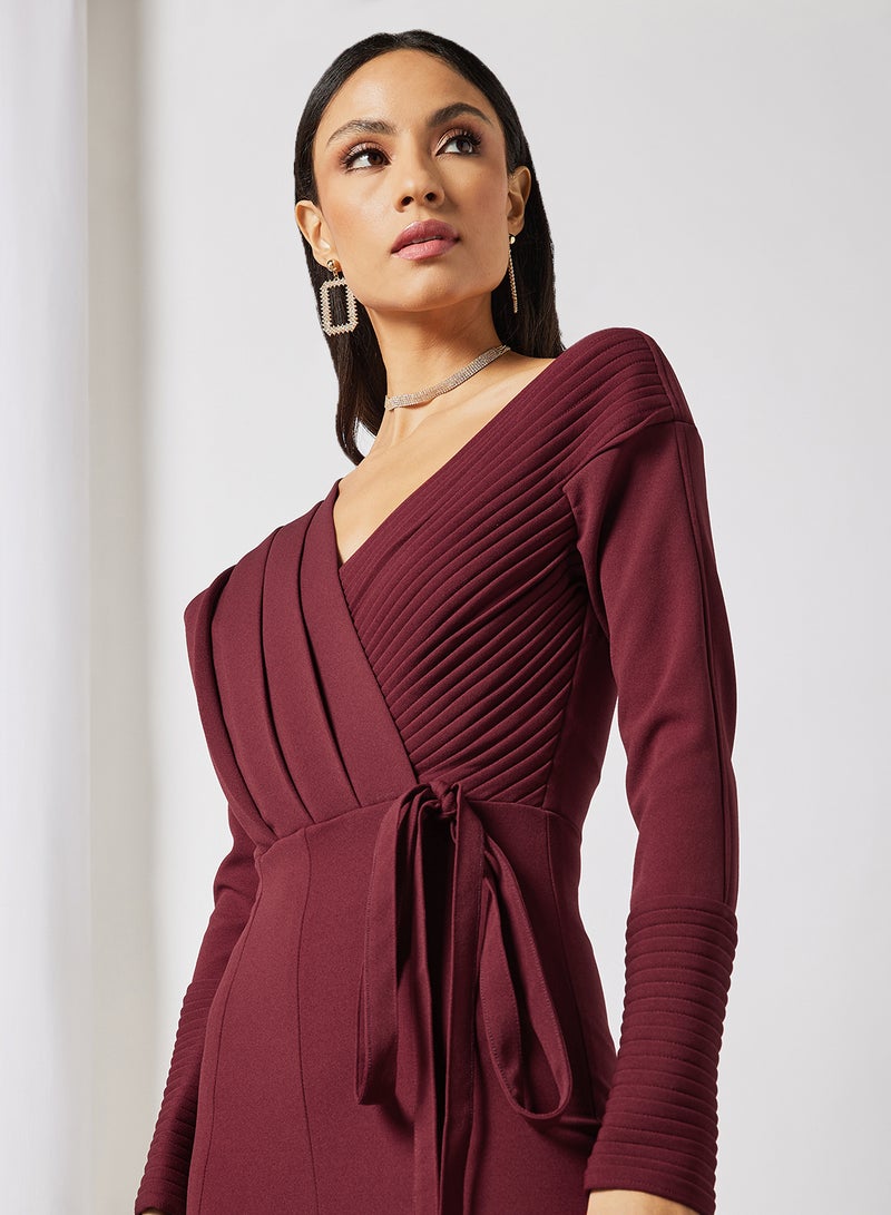 Threadz by Ajooni Pleated Peplum Hem Dress Wine  - Image 4