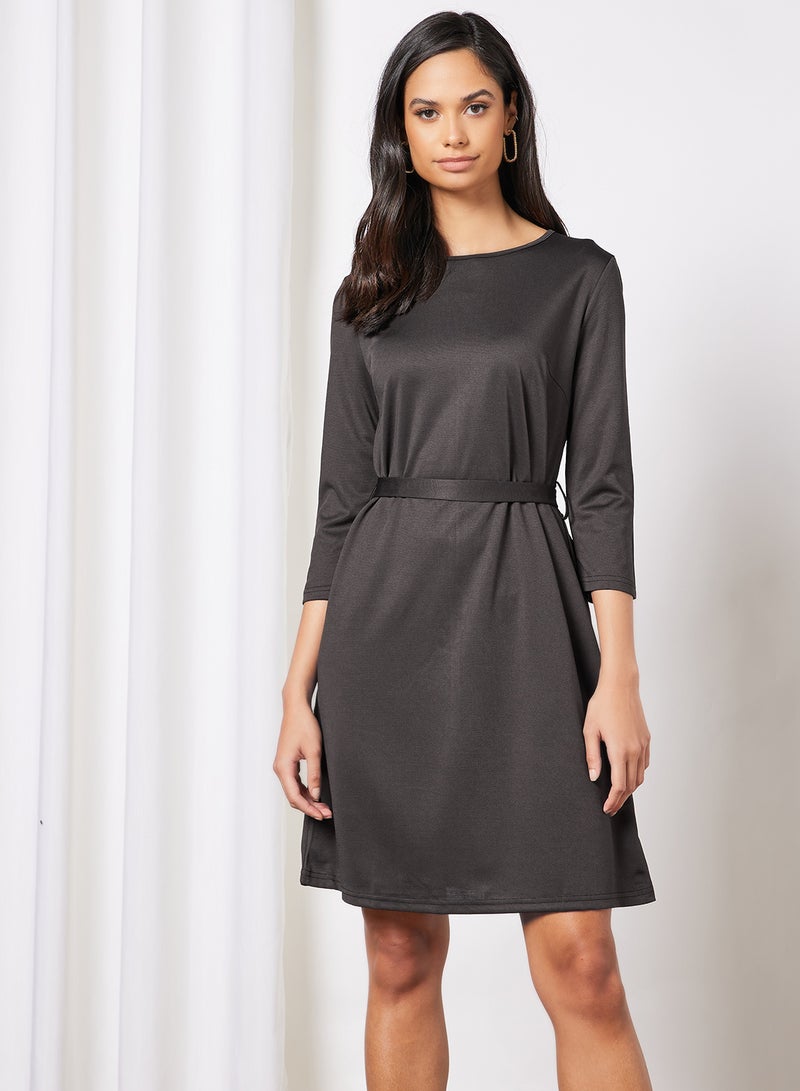 Aila Casual Rayon Blend Three-Quarter Sleeve Knee length Belted Dress With Scoop Neck Black  - Image 1
