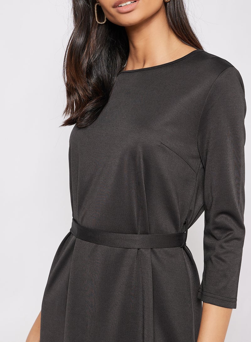 Aila Casual Rayon Blend Three-Quarter Sleeve Knee length Belted Dress With Scoop Neck Black  - Image 3