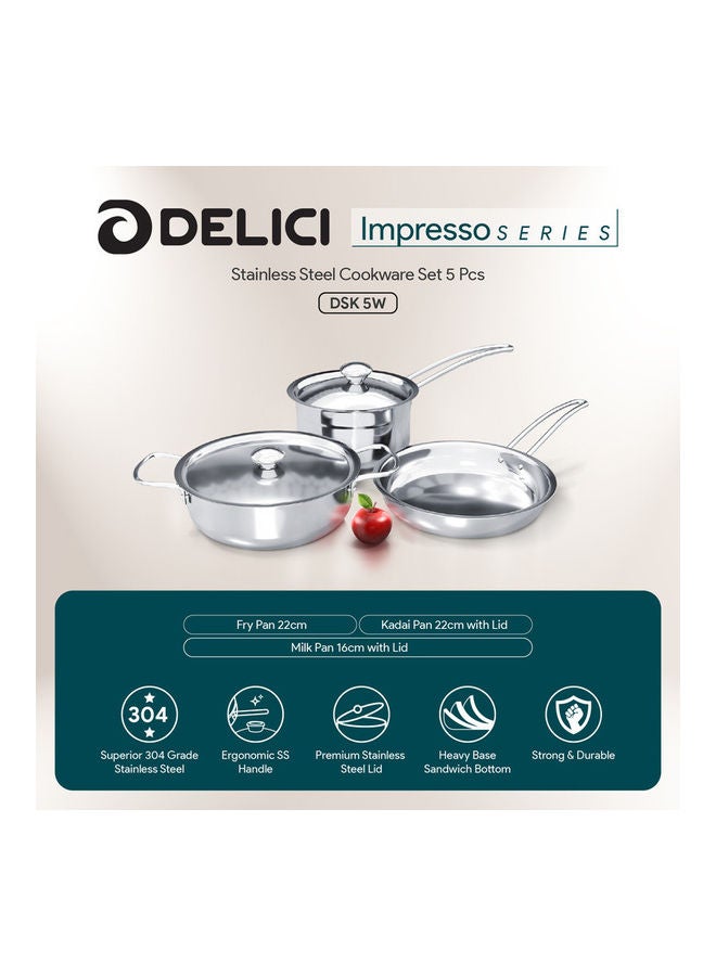 5-Piece Stainless Steel Cookware Set DSK 5W Oven Safe, Dishwasher Safe, 304 Grade, Includes 22cm Fry Pan, 22cm Kadai Pan with Lid, 16cm Milk Pan with Lid Stainless Steel 22cm - v1642501694/N52432505A_2