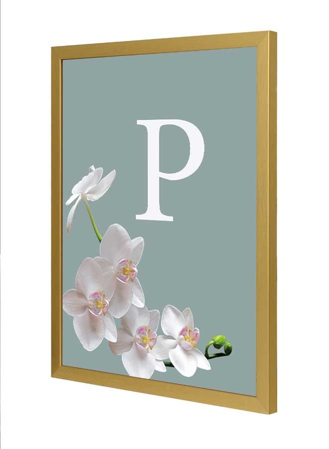 لوحة فنية بإطار لديكور الحائط تُمثل حرف "P" وأزهار أزرق/أبيض/وردي/أخضر 33x43سم - Image 1
