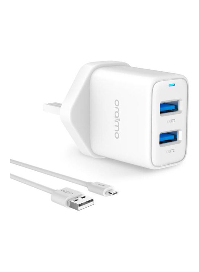 أورايمو مجموعة شاحن USB الجداري الثنائي السريع فايرفلاي مع كابل أبيض - Image 3