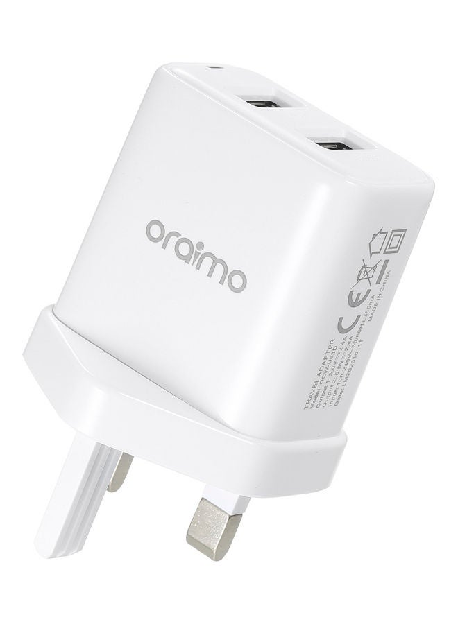 أورايمو مجموعة شاحن USB الجداري الثنائي السريع فايرفلاي مع كابل أبيض - Image 4