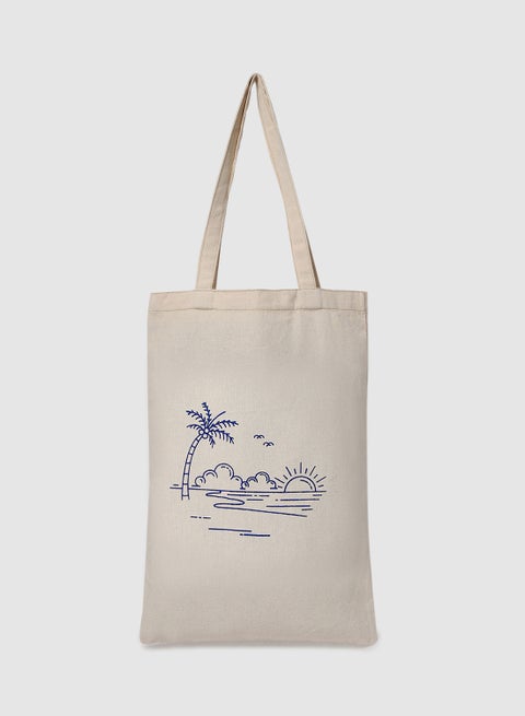 Beach Print Canvas Shopping And Grocery Bag Color Shade May Vary Blue/Beige