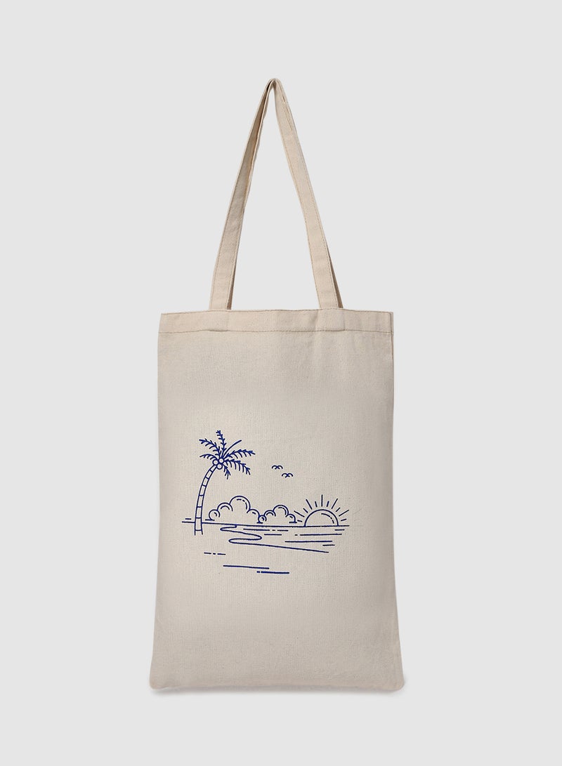 Amal - Beach Print Canvas Shopping And Grocery Bag Color Shade May Vary Blue/Beige - Image 1