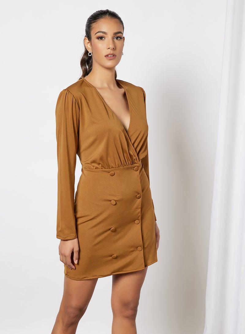 Aila - Ruched Waist Button Side Bodycon Dress Pink Brown - Image 1