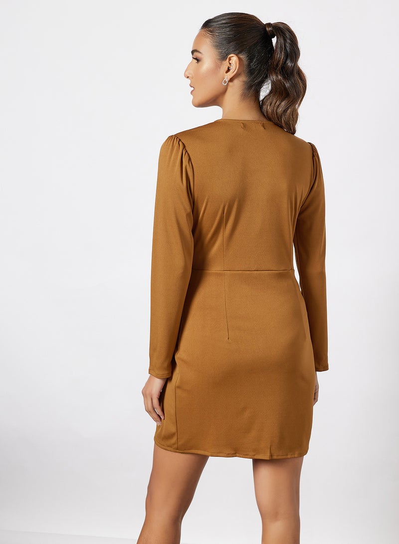 Aila - Ruched Waist Button Side Bodycon Dress Pink Brown - Image 1