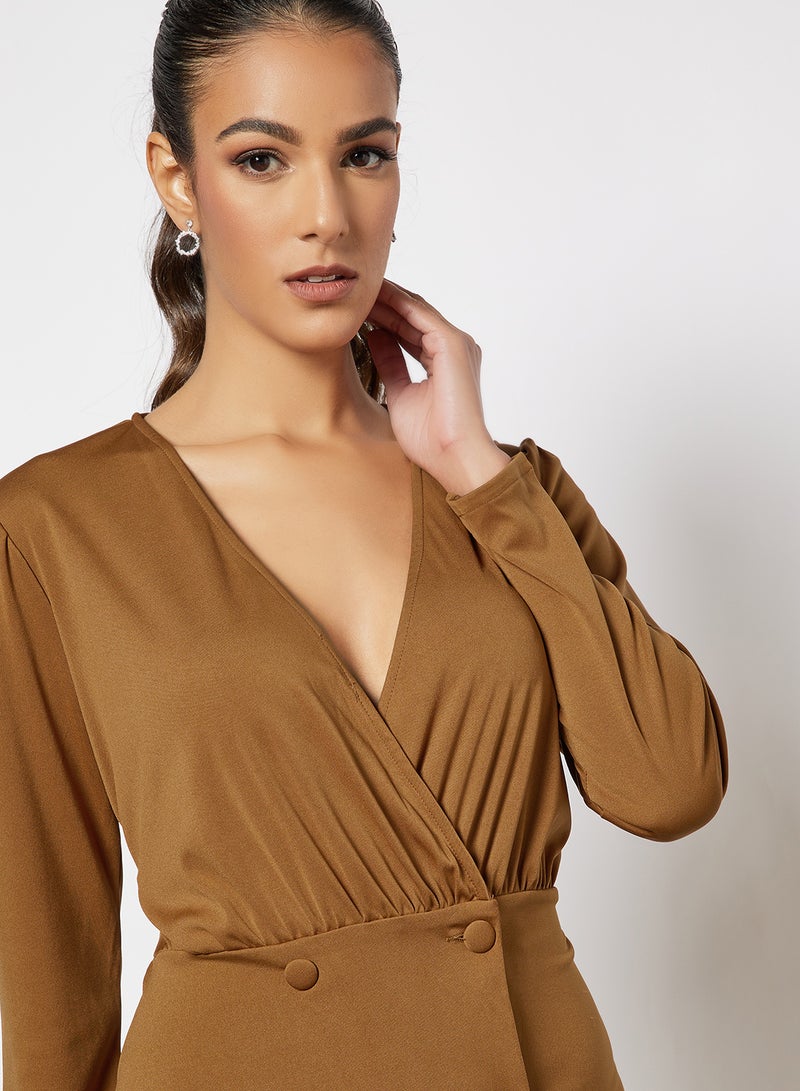 Aila - Ruched Waist Button Side Bodycon Dress Pink Brown - Image 1