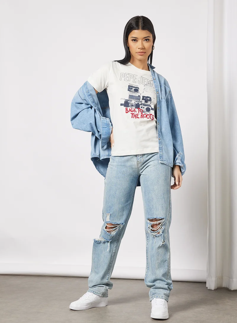 Pepe Jeans LONDON Berti Retro Print T-Shirt Off-White