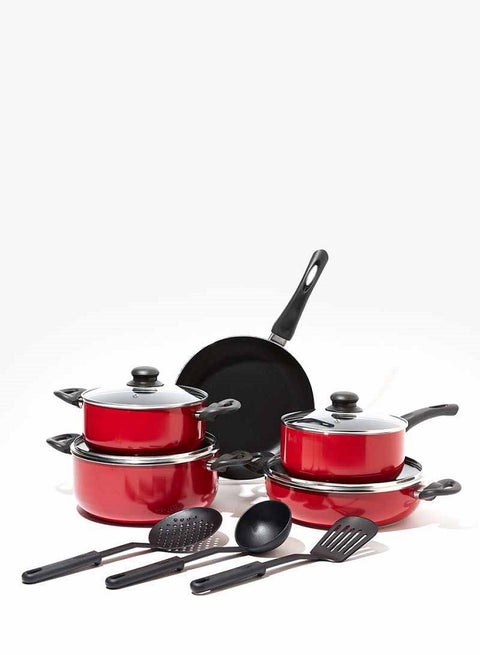 12-Piece 12 Piece Cookware Set - Aluminum Pots And Pans - Non-Stick Surface - Tempered Glass Lids - PFOA Free - Frying Pan, Casserole With Lid, Saucepan With Lid, Kitchen Tools - Red
