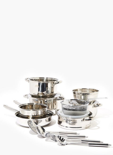 18-Piece 18 Piece Cookware Set - Durable Stainless Steel induction base Pots, Pans, Kitchen Utensils Set - For Cooking - Frying Pan, Casserole With tempered glass Lid, Saucepan With Lid, Kitchen Tools, Kitchen Accessories Silver