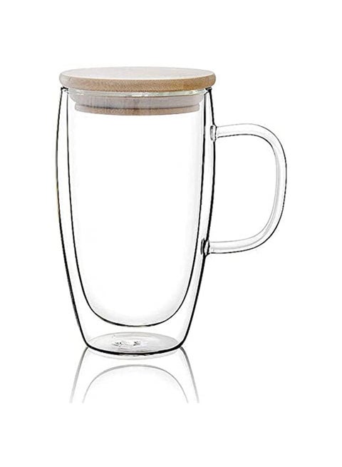 Double Walled Coffee Cups With Handle And Lid Clear/Beige 450ml