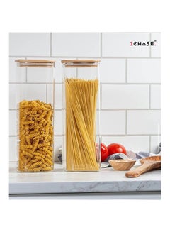 1Chase 2-Piece Storage Jar With Air Tight Bamboo Lid Set Clear/Beige 25.5x10cm  - Image 2