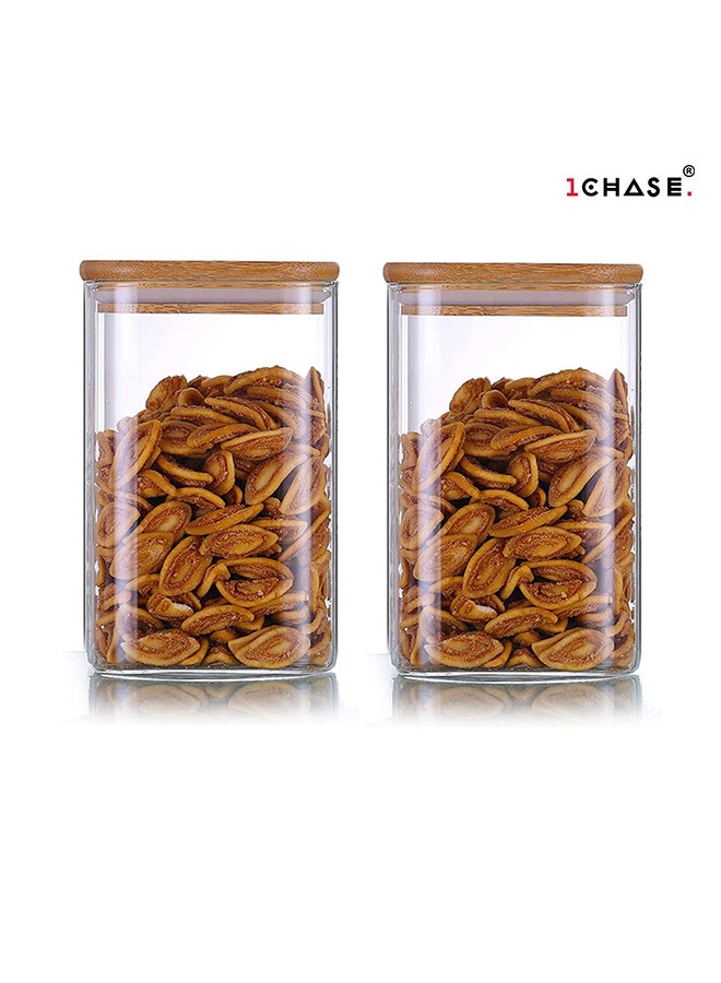 1Chase 2-Piece Storage Jar With Air Tight Bamboo Lid Set Clear/Beige 750ml - Image 2