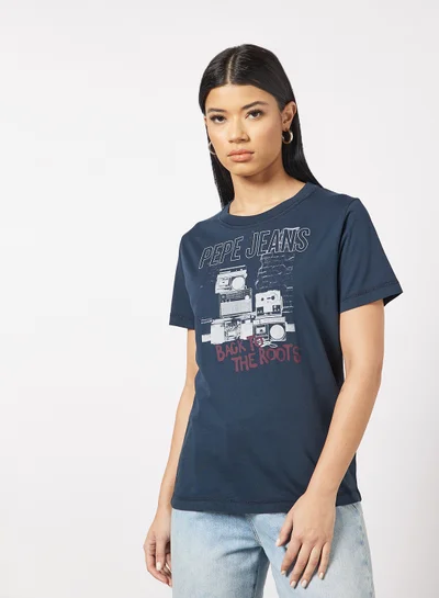 Pepe Jeans LONDON Berti Retro Print T-Shirt Navy