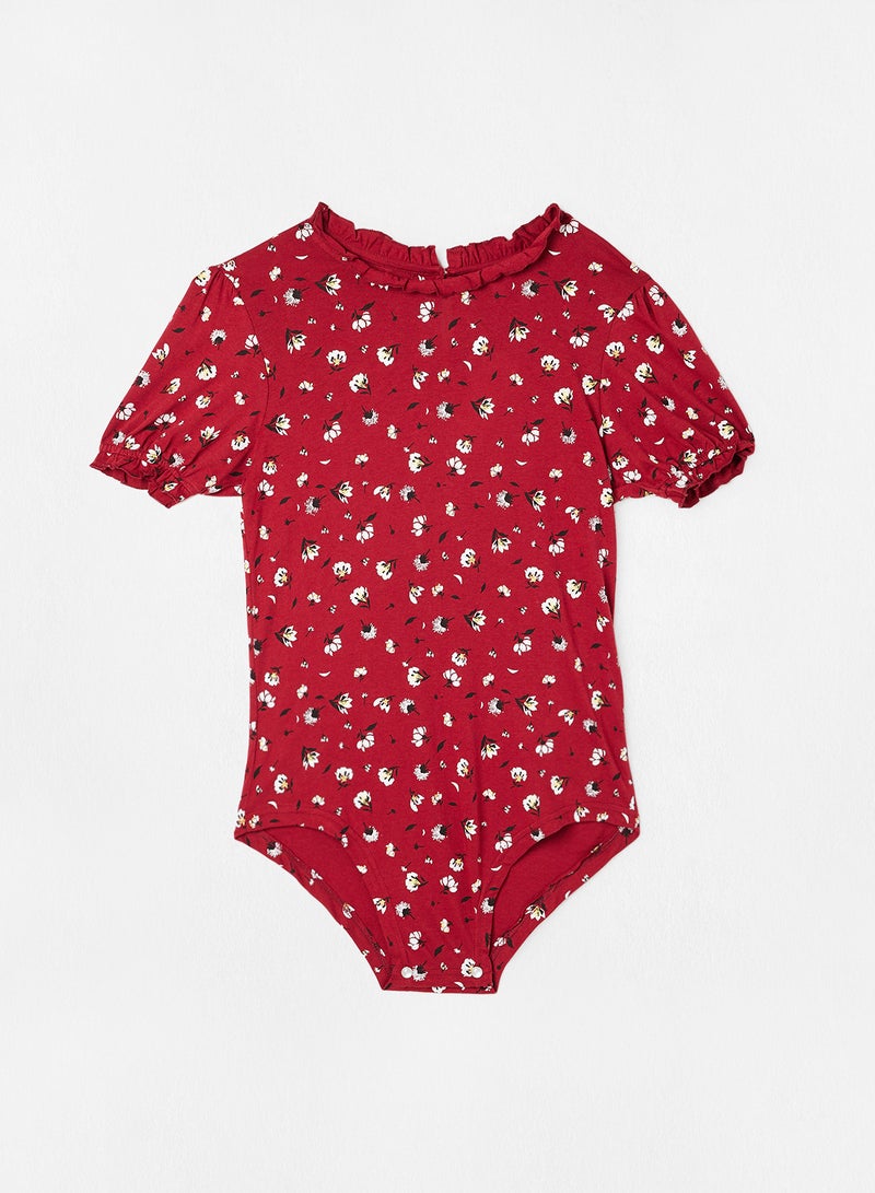 Mast & Harbour - Floral Printed Puff Sleeve Casual Bodysuit Rio red - Image 1