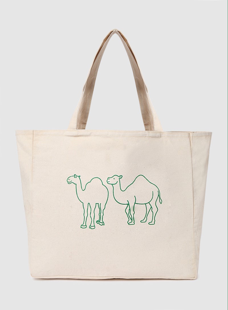 Amal - Camel Print Canvas Shopping And Grocery Bag Color Shade May Vary Green/Beige - Image 1
