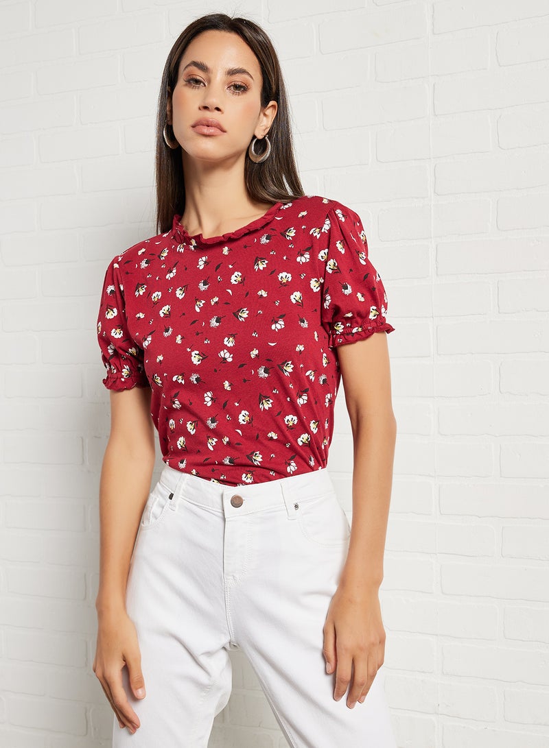 Mast & Harbour - Floral Printed Puff Sleeve Casual Bodysuit Rio red - Image 1