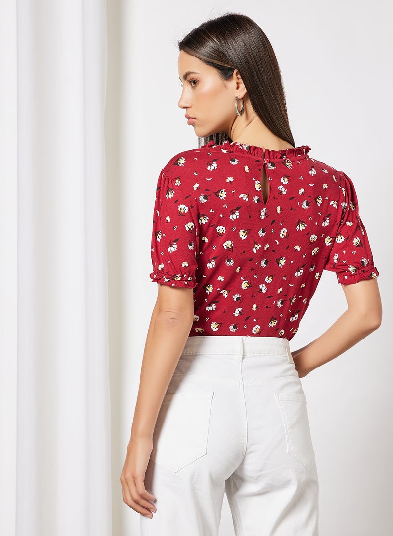 Mast & Harbour - Floral Printed Puff Sleeve Casual Bodysuit Rio red - Image 1