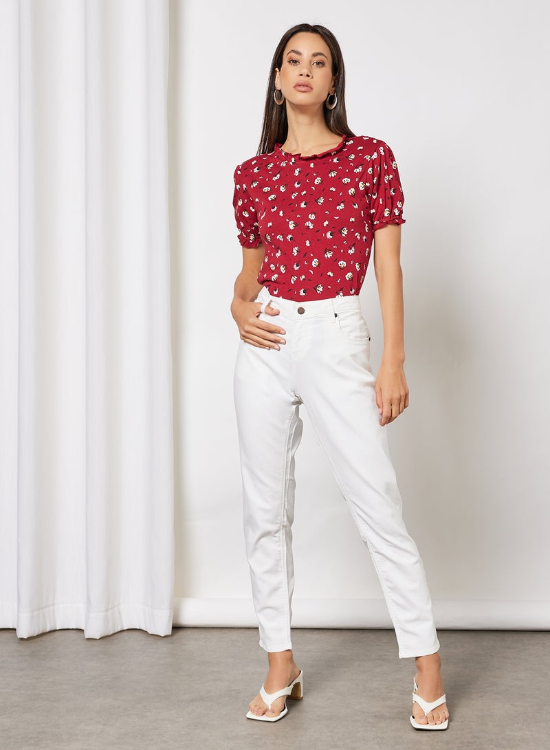 Mast & Harbour - Floral Printed Puff Sleeve Casual Bodysuit Rio red - Image 1